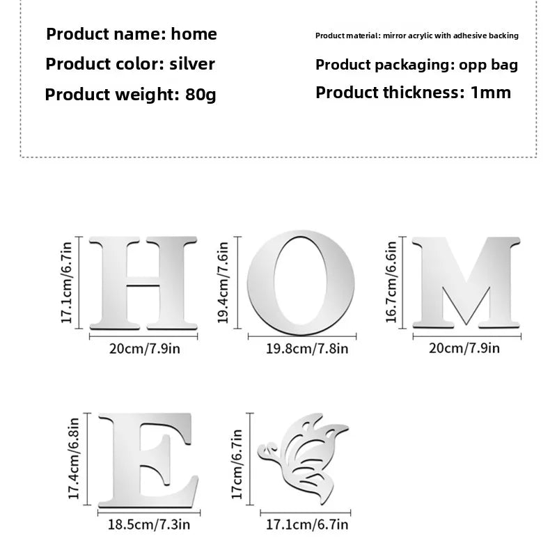 3D Mirror Wall Sticker 'HOME' Logo Entrance Decorative Adhesive Wall Mirror for Home Decor