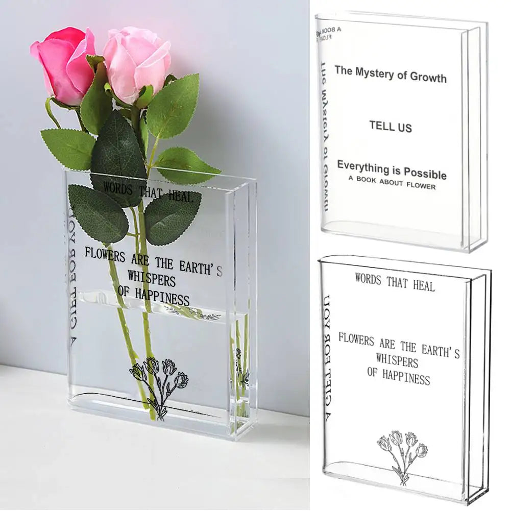 Clear Book Flower Vase Book-Shaped Vase Artistic Creative Flower Vase Aesthetic Transparent Vase Multi-Function for Home Decor