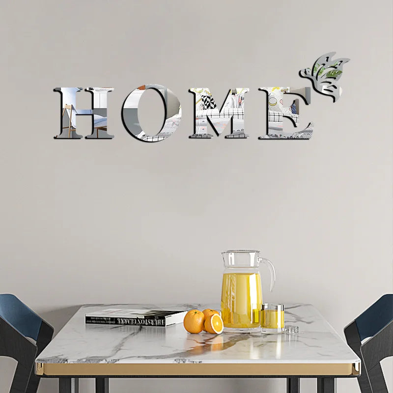 3D Mirror Wall Sticker 'HOME' Logo Entrance Decorative Adhesive Wall Mirror for Home Decor