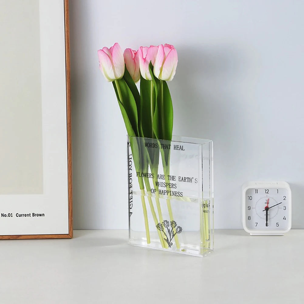 Clear Book Flower Vase Book-Shaped Vase Artistic Creative Flower Vase Aesthetic Transparent Vase Multi-Function for Home Decor