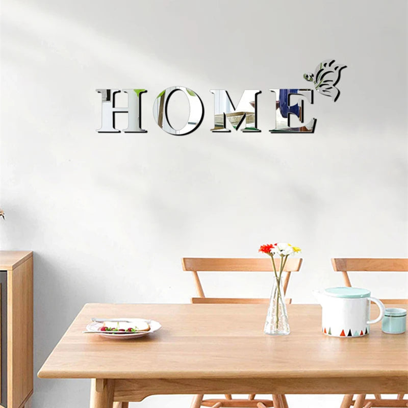 3D Mirror Wall Sticker 'HOME' Logo Entrance Decorative Adhesive Wall Mirror for Home Decor