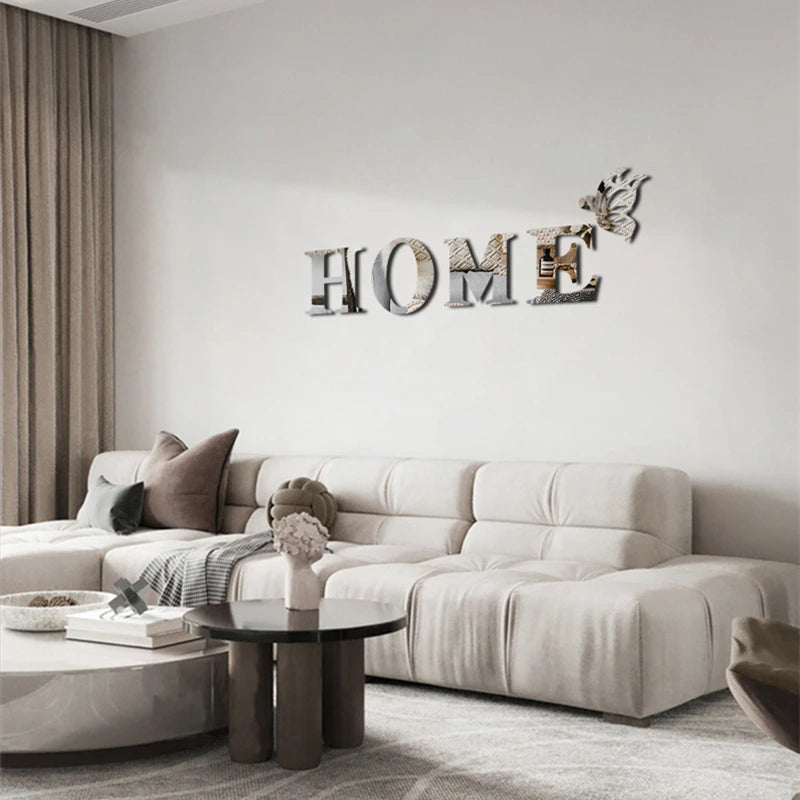 3D Mirror Wall Sticker 'HOME' Logo Entrance Decorative Adhesive Wall Mirror for Home Decor