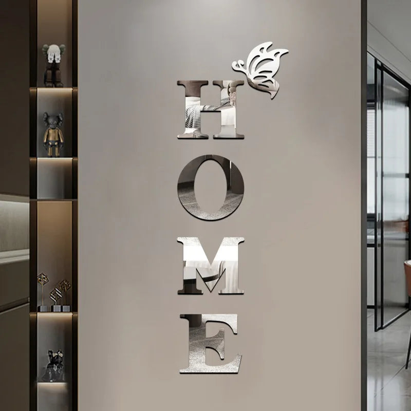 3D Mirror Wall Sticker 'HOME' Logo Entrance Decorative Adhesive Wall Mirror for Home Decor