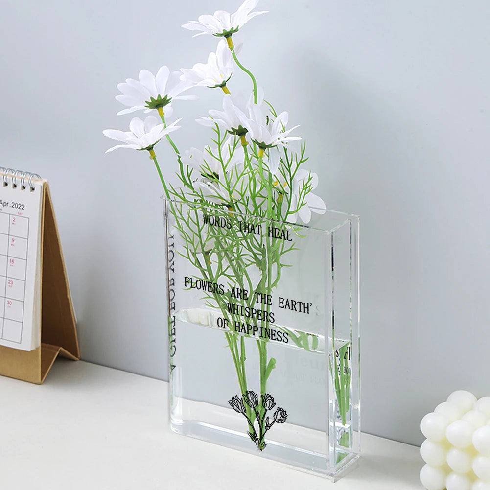 Clear Book Flower Vase Book-Shaped Vase Artistic Creative Flower Vase Aesthetic Transparent Vase Multi-Function for Home Decor