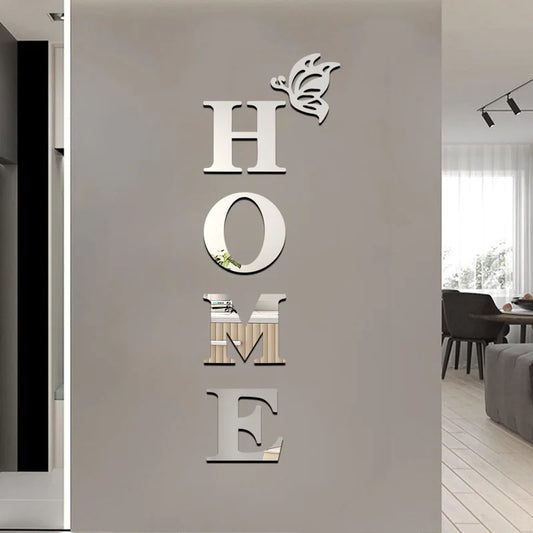 3D Mirror Wall Sticker 'HOME' Logo Entrance Decorative Adhesive Wall Mirror for Home Decor